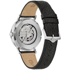 Bulova Men's Vintage Aerojet 4-Hand Automatic Watch, Open Aperture, Hack Feature, 24 Hour Time, Calendar Date, Double Curved Mineral Crystal, Luminous Hands, 41mm - Black Strap/Blue Dial