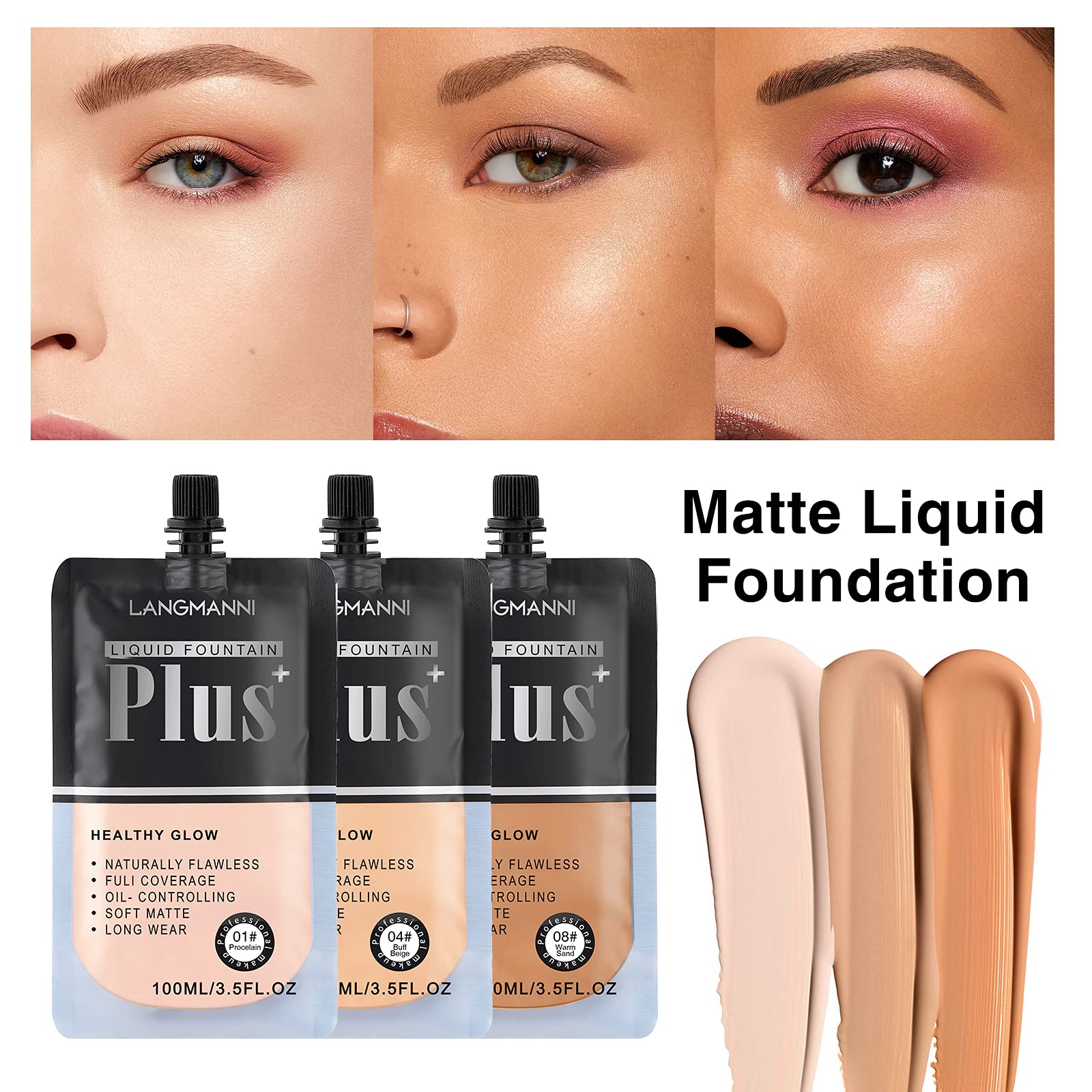 Liquid Foundation Soft Matte Concealer Primer Base Liquid Foundation Professional Face Make up Foundation Bagged(#4 Buff Beige)