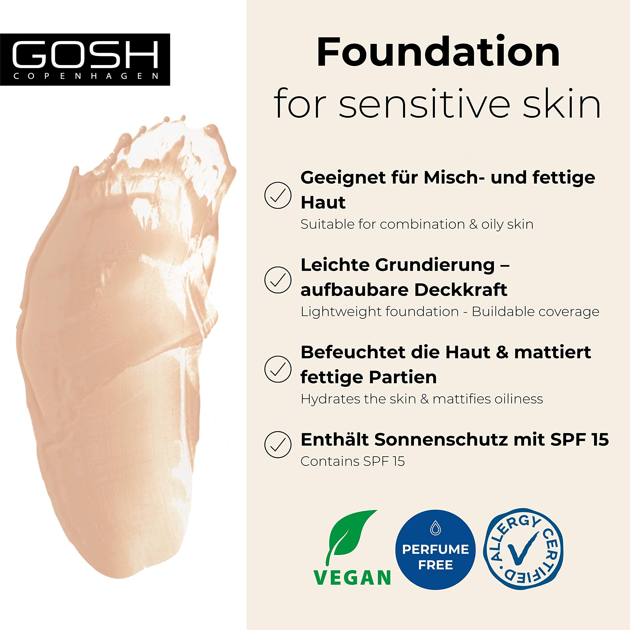 GOSH Foundation with SPF 15 for Light & Dark Skin, Vegan, Matte Makeup for Dry, Sensitive & Oily Skin, Smudge- and Sweat-Proof, Oil-Free, Adjustable Coverage, No Mask Effect, 006R