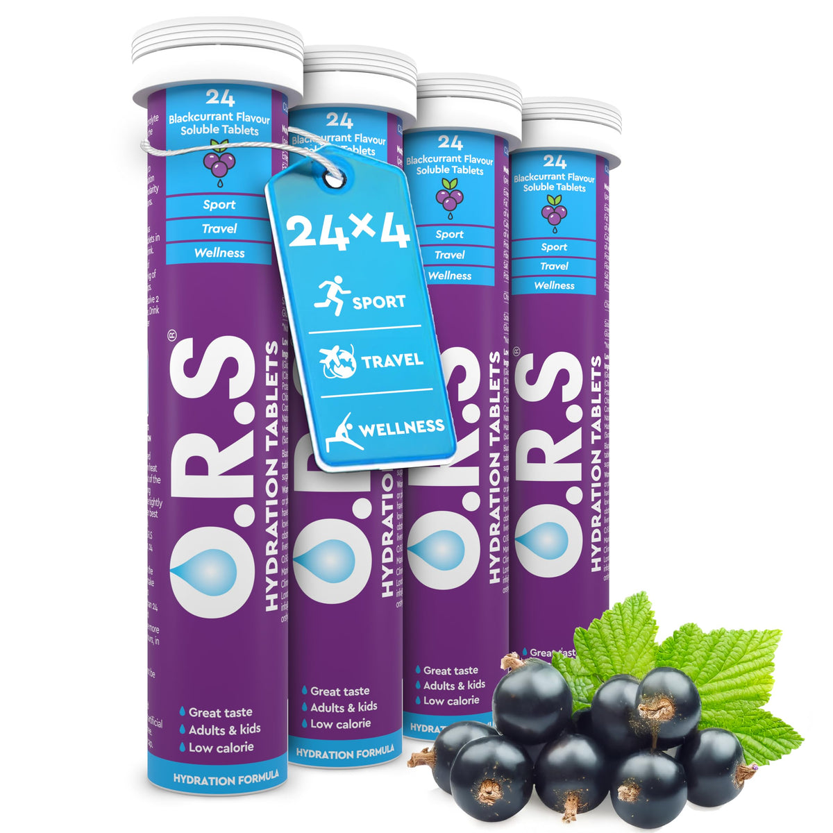 O.R.S Hydration Tablets with Electrolytes, Vegan, Gluten and Lactose Free Formula – Natural Blackcurrant Flavour, 96 Tablets (Pack of 4)