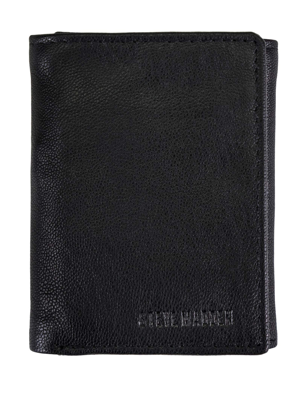 steve madden Men's Leather Trifold Wallet With RFID Blocking Technology, Black (Smooth Grain), One size