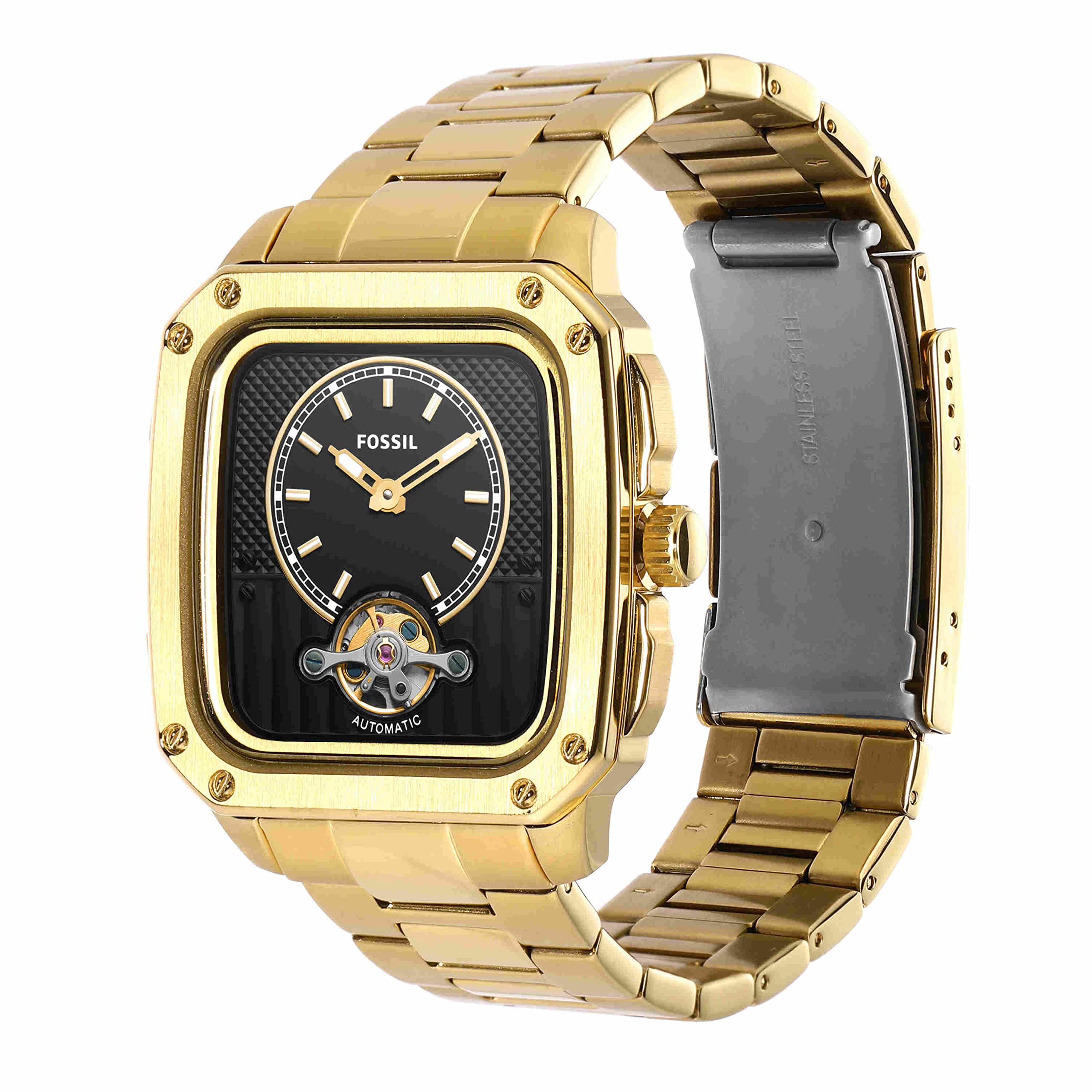 Fossil Inscription Men's Watch with Square Case and Stainless Steel, Silicone or Leather Band Gold Auto