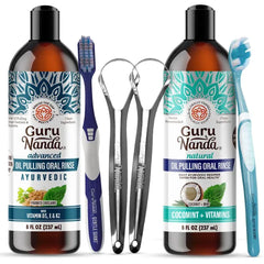 GuruNanda Advanced Oil Pulling & Coconut Oil Pulling Bundle with Toothbrush, Tongue Scraper - for Happy Teeth & Gums & Bad Breath