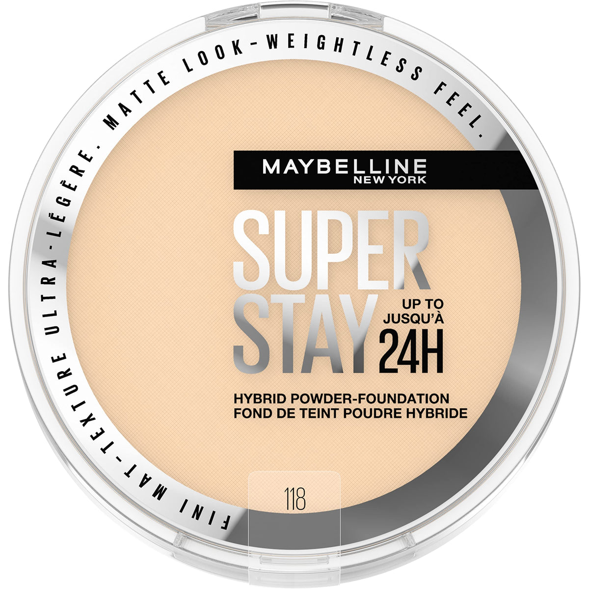 Maybelline New York Super Stay Up to 24HR Hybrid Powder-Foundation, Medium-to-Full Coverage Makeup, Matte Finish, 118, 1 Count, 1.5554 fl oz