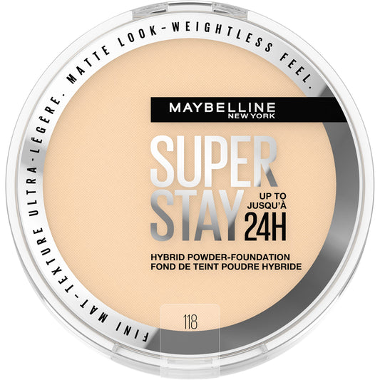 Maybelline New York Super Stay Up to 24HR Hybrid Powder-Foundation, Medium-to-Full Coverage Makeup, Matte Finish, 118, 1 Count, 1.5554 fl oz