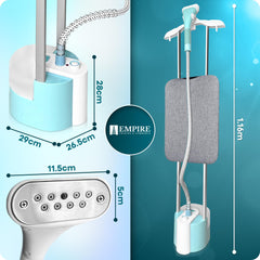 Empire Standing Garment Steamer for Clothes 2000-Watt, 32g/min Steam with Hanger Rack, Fast Heat-Up with 2 Steam Modes, 1.8L Water Tank, Full Size Clothes Steamer with Vertical Ironing Board (White)