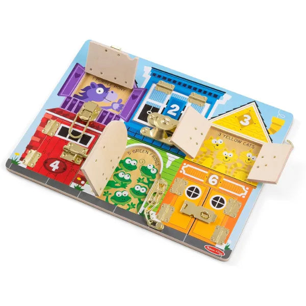 Melissa & Doug Wooden Latches Board Sensory Activity Toy For Kids, Doors And Locks Toy, Wooden Busy Board, Toddler Toys For Ages 3+