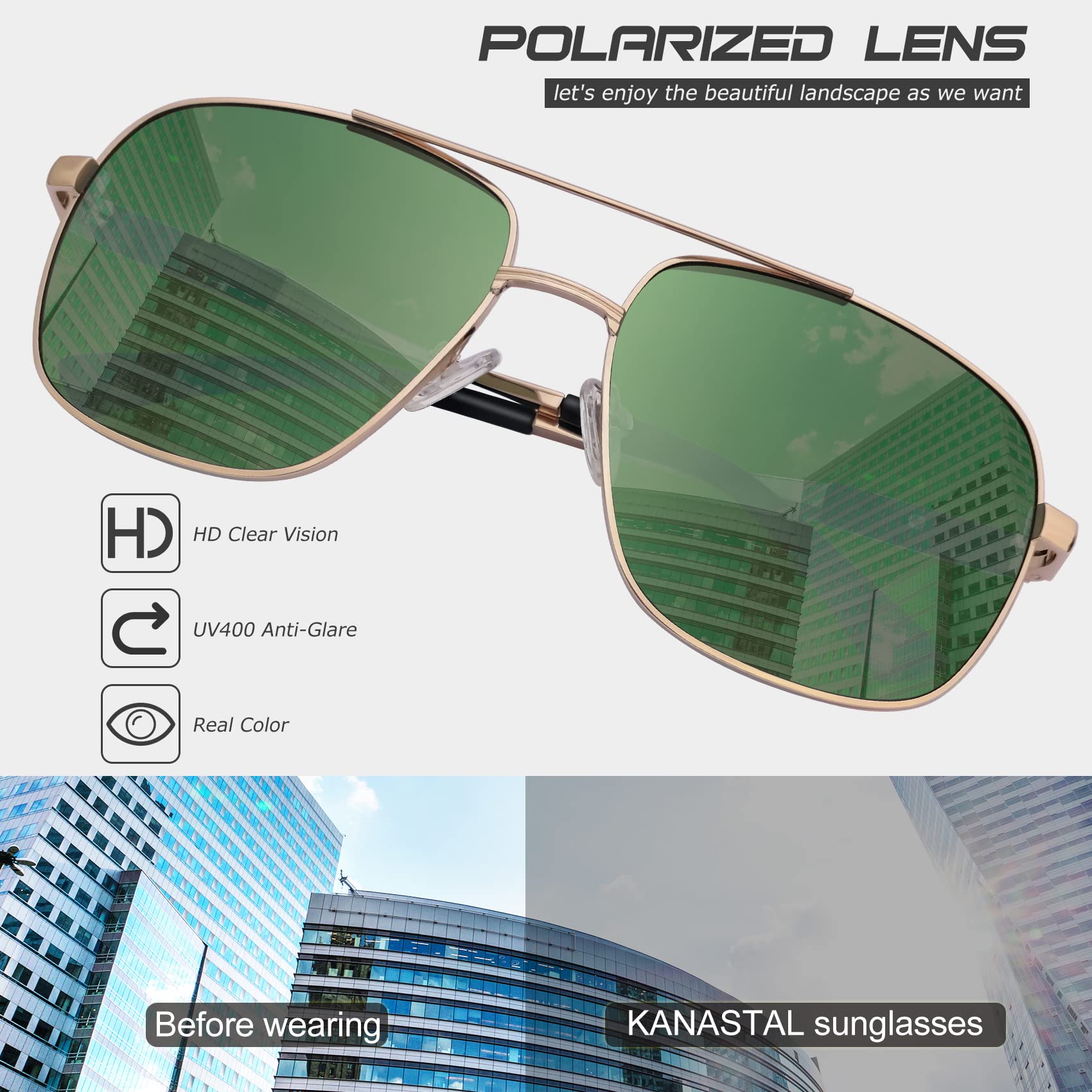 KANASTAL Polarized Sunglasses for Men Women, Large Memory Metal Frame Lightweight Sun Glasses 100% UV400 Protection Shades for Driving