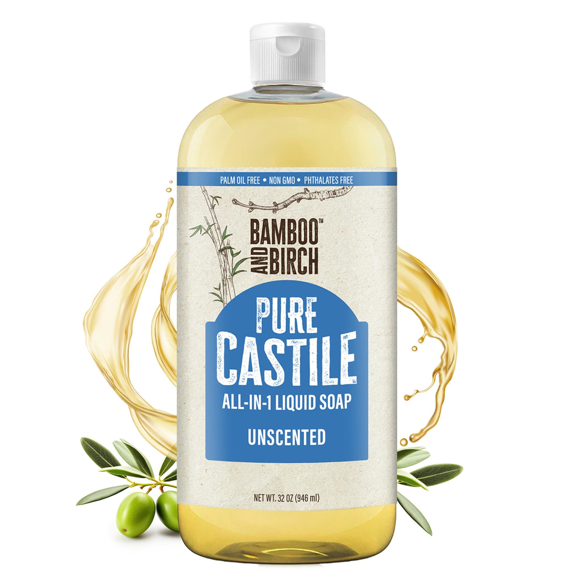 Pure Castile Soap Liquid Organic, Certified Palm Oil Free Natural Soap, Unscented, 32 oz