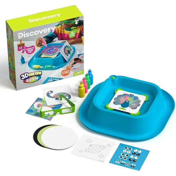 Discovery 3D Neon Spin Motorized Art Station Includes Spin Machine, 3D Glasses, Paints, Templates, Paper Arts and Crafts for Kids Supplies Painting Set Activity Kit for Boys & Girls