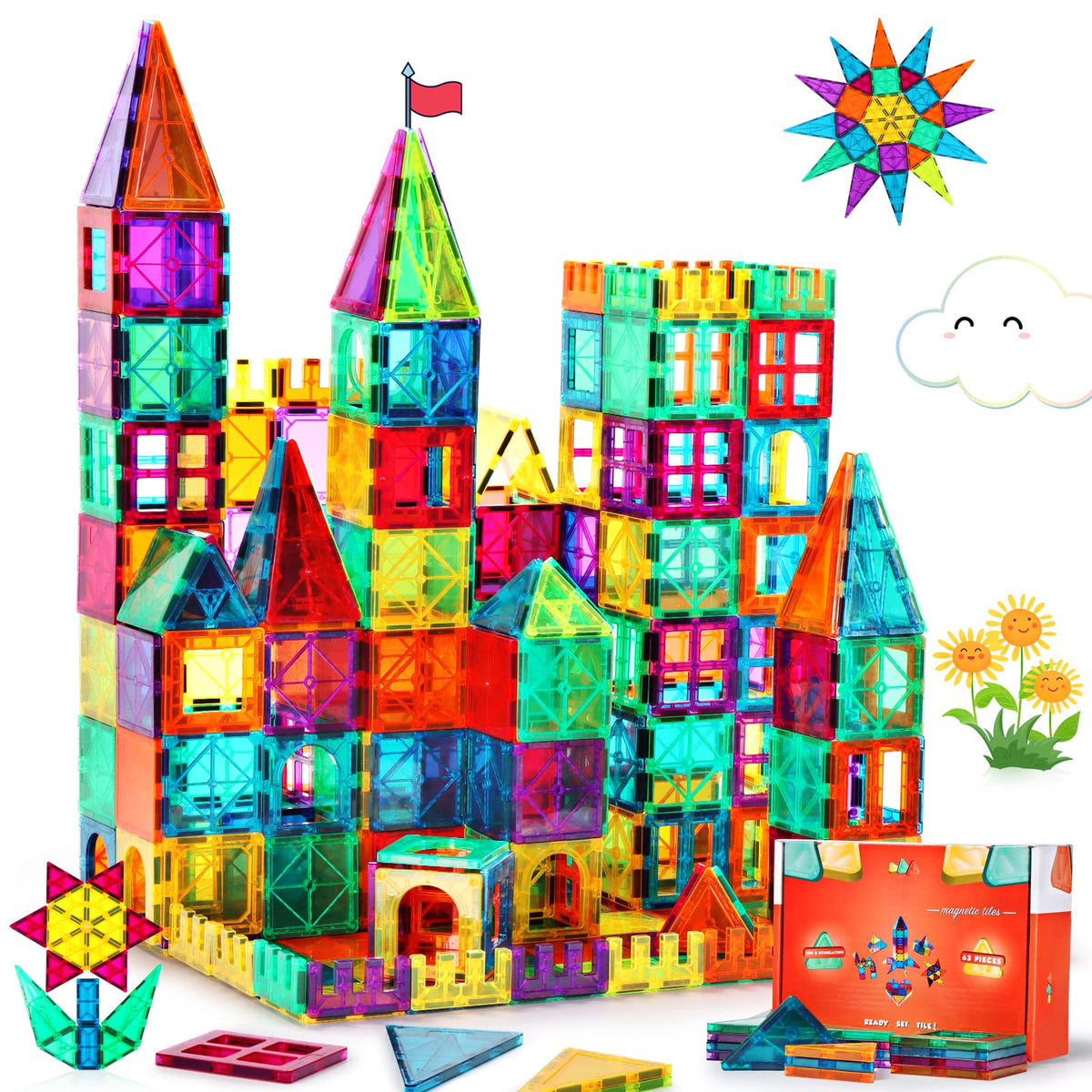 Gemmicc Magnetic Tiles Building Blocks, Magnet Toys for Kids, STEM Approved Educational Toys,3D Magnet Puzzles Stacking Blocks for Boys Girls,63 PCS Classic Set