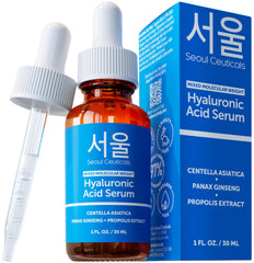 SeoulCeuticals Korean Hyaluronic Acid Serum For Face - High Molecular Weight & Low Molecular Weight Hyaluronic Acid - Centella Serum + Propolis. 1oz