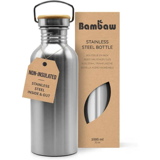 Bambaw Stainless Steel Water Bottles 32 oz, Non-insulated Single Wall Metal Water Bottle Stainless Steel, Reusable & Eco Friendly, Dishwasher Safe – Silver