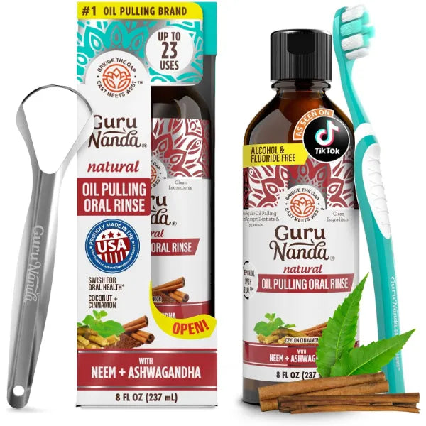 GuruNanda Cinnamon Oil Pulling Mouthwash, Promotes Calmness, with Neem & Ashwagandha for Fresh Breath & Happy Gums, Alcohol-Free