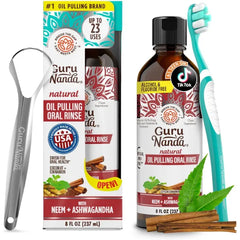 GuruNanda Cinnamon Oil Pulling Mouthwash, Promotes Calmness, with Neem & Ashwagandha for Fresh Breath & Happy Gums, Alcohol-Free