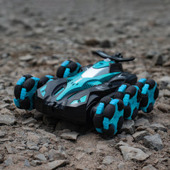 RC Car Toys, 6WD Remote Control Stunt Car, All-Terrain RC Car with 360° Swing-Arm, LED Lights, Music, Smoke Effects, 900 mAh Battery, Dual 2.4 Ghz & Motion-Sense Control - Toys for Kids (Blue)
