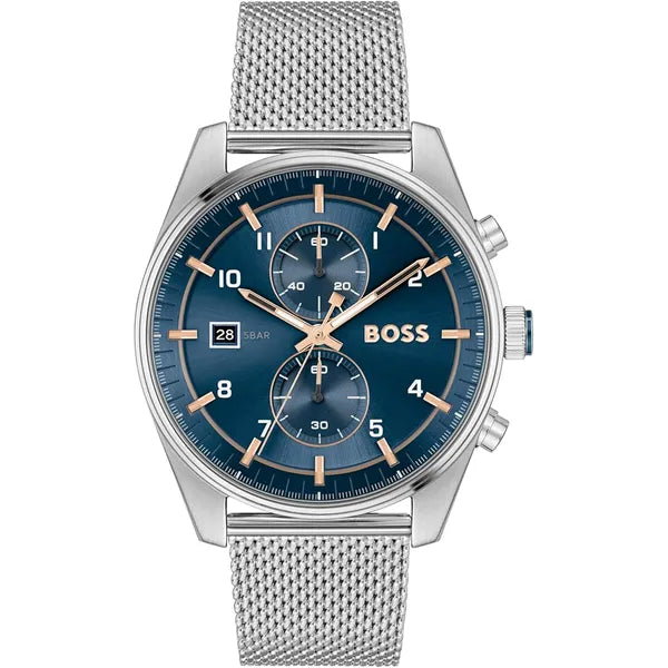 Boss Chronograph Quartz Watch for Men Collection Skytraveller with Stainless Steel Strap - 1514149 - Silver