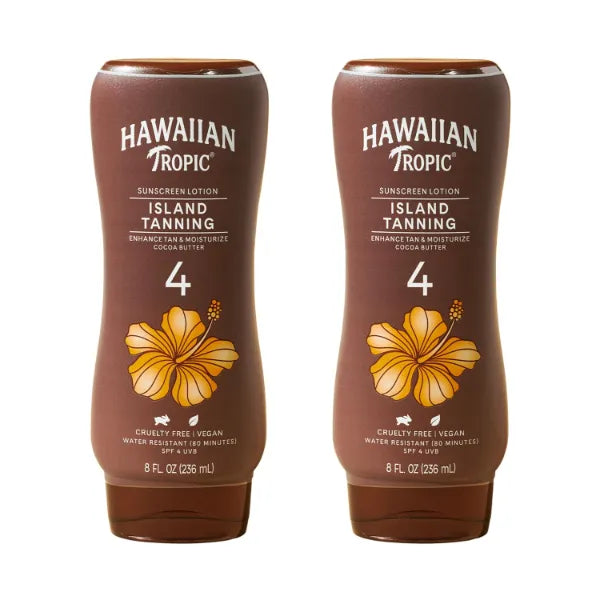 Hawaiian Tropic Island Tanning Lotion, SPF 4, Moisturizing Sun Protection with Shea & Cocoa Butter for Soft, Radiant Tan – 8 fl oz (Pack of 2)