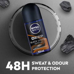 NIVEA MEN Antiperspirant Roll-on for Men, DEEP Black Carbon Antibacterial, Espresso Scent, 50ml