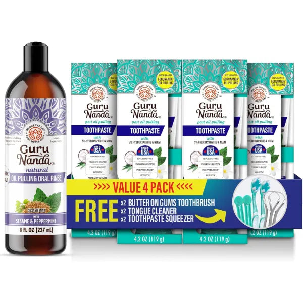 GuruNanda Complete Oral Wellness Kit – Sesame Mint Oil Pulling Mouthwash & 4-Pack Fluoride-Free Toothpaste for Cleaner Mouth, Happy Gums & Brighter Smiles
