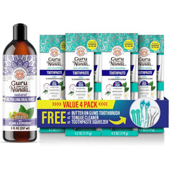GuruNanda Complete Oral Wellness Kit – Sesame Mint Oil Pulling Mouthwash & 4-Pack Fluoride-Free Toothpaste for Cleaner Mouth, Happy Gums & Brighter Smiles