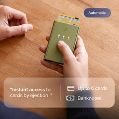 OGON Aluminum automatic card holder Slider - RFID Blocking – The original minimalist slim wallet for men and women - Up to 6 cards - Matt Paint Cactus Green