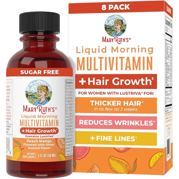 MARYRUTH'S Liquid Multivitamin + Hair Growth Travel Pack, 1 Fl Oz, 8 Pack | Biotin 10000mcg, Lustriva Hair Growth Supplement, Clinically Tested in Women for Thicker Hair & Facial Wrinkle, 18+