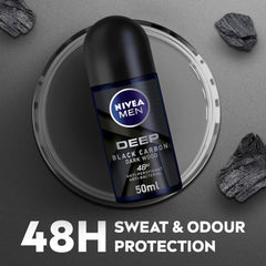 NIVEA MEN Antiperspirant Roll-on for Men, DEEP Black Carbon Antibacterial, Dark Wood Scent, 2x50ml