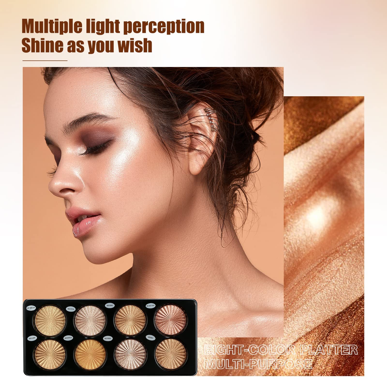 Excefore 8 Color Highlighter Powder Palette, Makeup Palette Facial Bronzers Illuminator Palette Highlighter, Triple Bake Long Lasting Brilliant Lighten Skin Color Face Make Up Palette Set