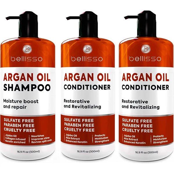 BELLISSO Moroccan Argan Oil Shampoo and Conditioner Set and Argan Oil Conditioner