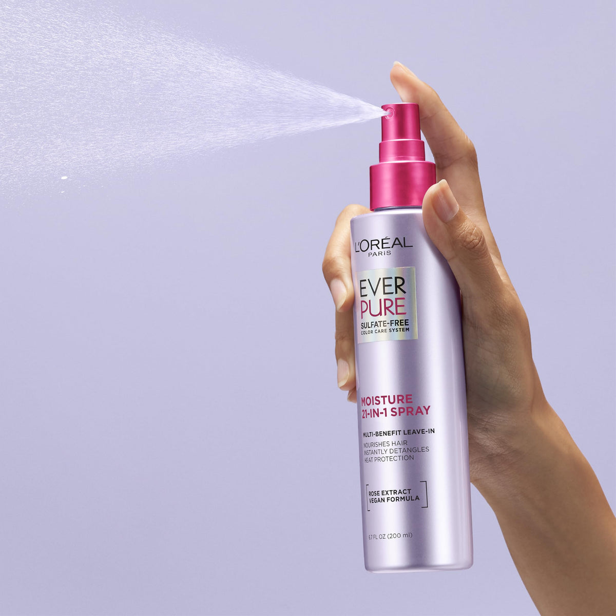 L'Oreal Paris EverPure Sulfate Free 21-in-1 Color Caring Spray Multi Benefit Leave In Treatment, Detangling Spray, Hydrates, Silky Hair, UV Filter, Vegan, Paraben Free, Dye Free Gluten Free, 6.7fl oz
