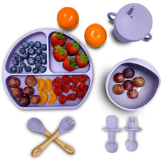 O'doe Baby Led Weaning Feeding Supplies for Toddlers, Baby Feeding Set | Suction Silicone Baby Bowl-Self Eating Utensils Set with Spoons, Bibs, Toddlers Spoon Set | Infant Food Plate Kit (Purple, V2)