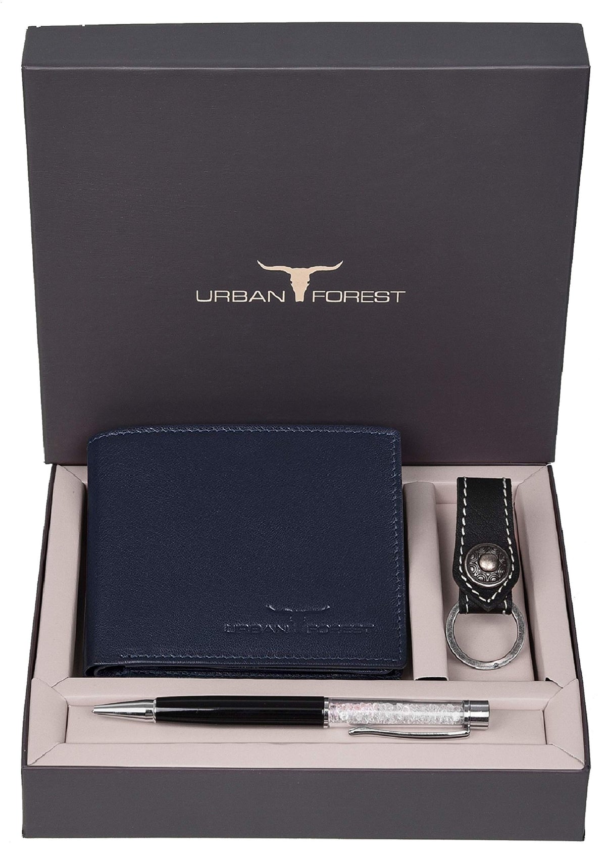 URBAN FOREST Leather Wallet Combo for Men - Leather Wallet, Keyring & Pen Combo Gift Set for Men, Dark Blue