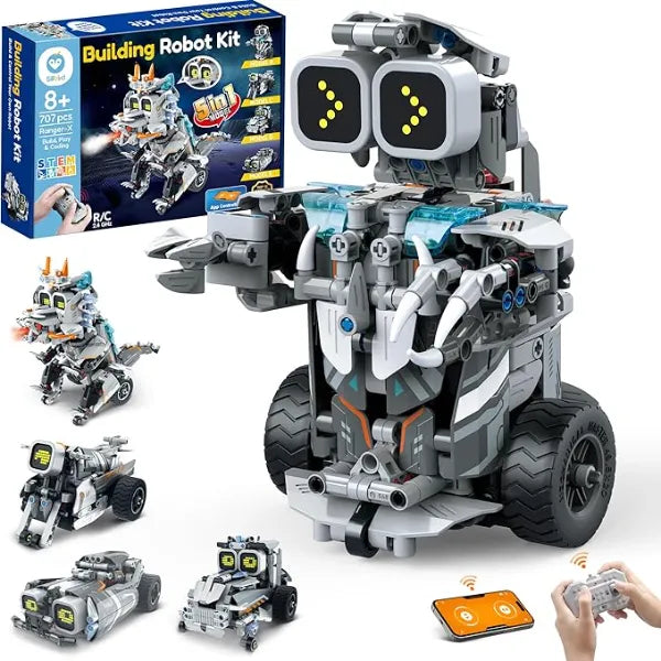 Sillbird Building Robot Dinosaur Kit with Remote Control Stem Gifts for Boys Age 8-12, Build Coding Robotic Toys for Kids Birthday, 5 in 1 Buildable Set with 707 Pieces
