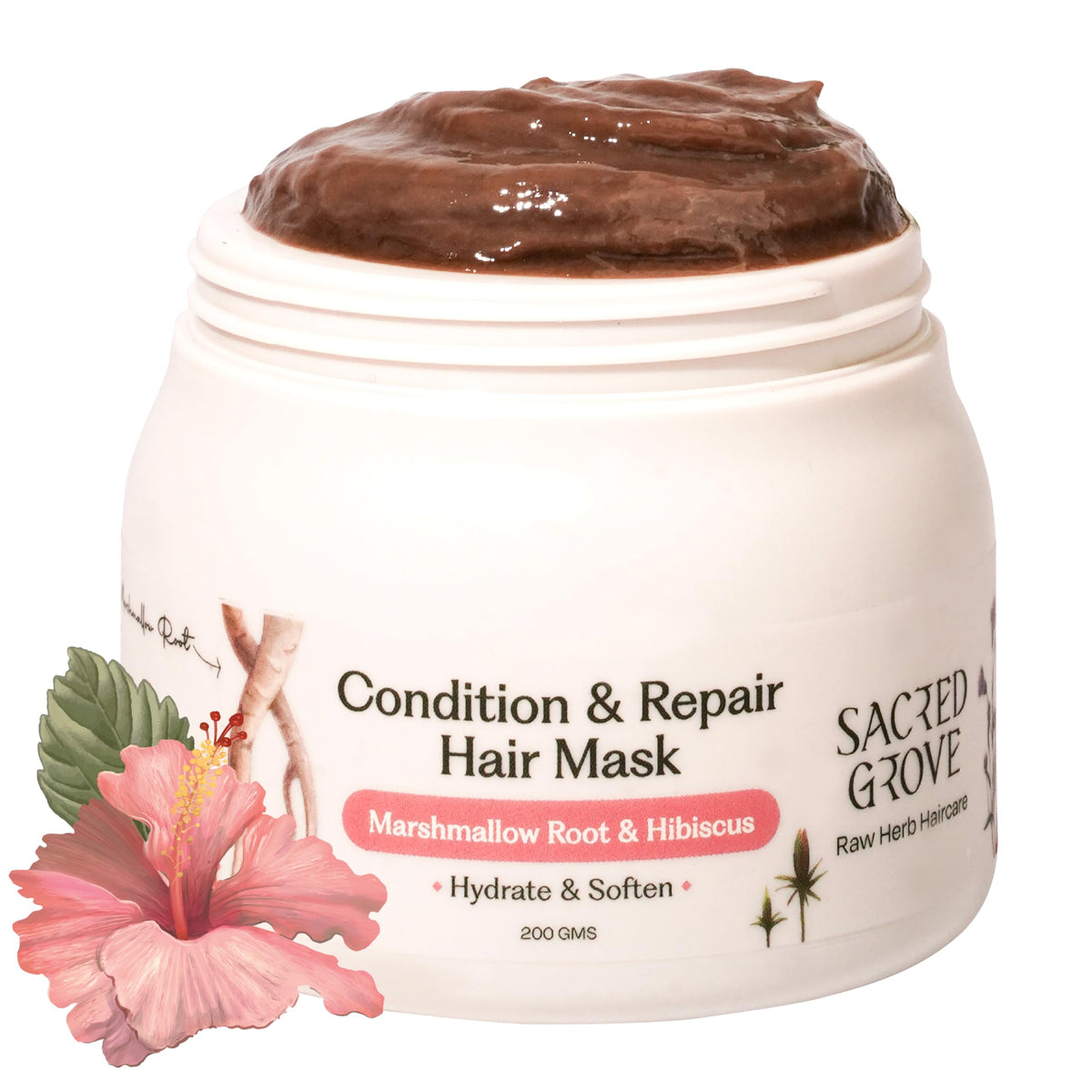 Sacred Grove Condition & Repair Pre Shampoo Hair Mask | Marshmallow Root, Hibiscus & Flaxseeds For Dry Frizzy Hair that Hydrates Strands Naturally - 200 gm