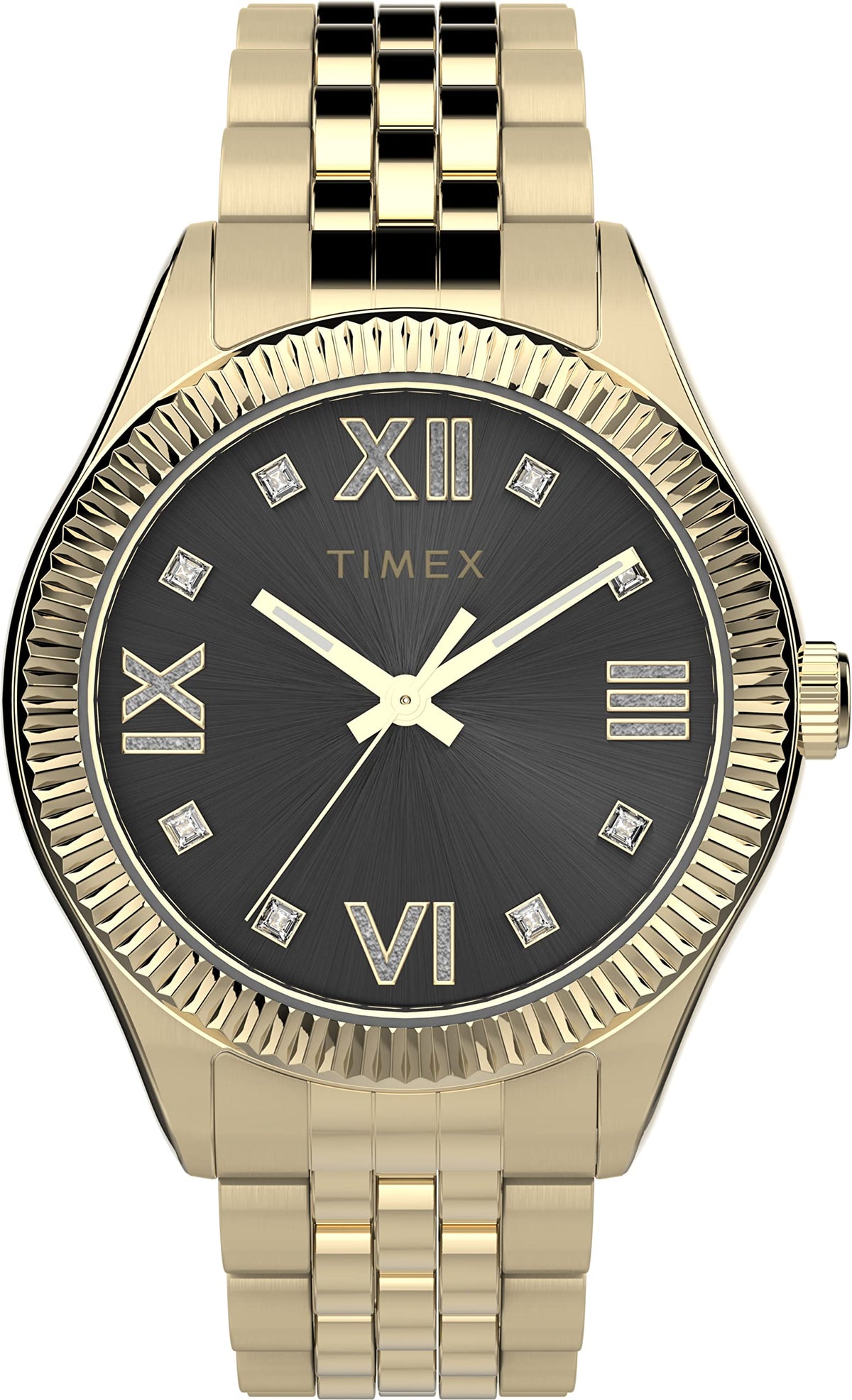 Timex Women's Waterbury Legacy 34mm Watch – Black Dial Gold-Tone Stainless Steel Case & Bracelet with Crystals - Gold-Tone/Black Crystals