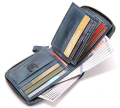 BULLCAPTAIN Mens Genuine Leather Zipper Wallet RFID Blocking Bifold Secure Zip Around Wallets Multi Credit Card Holder Purse, Blue, Small, Simplicity (QB-045)