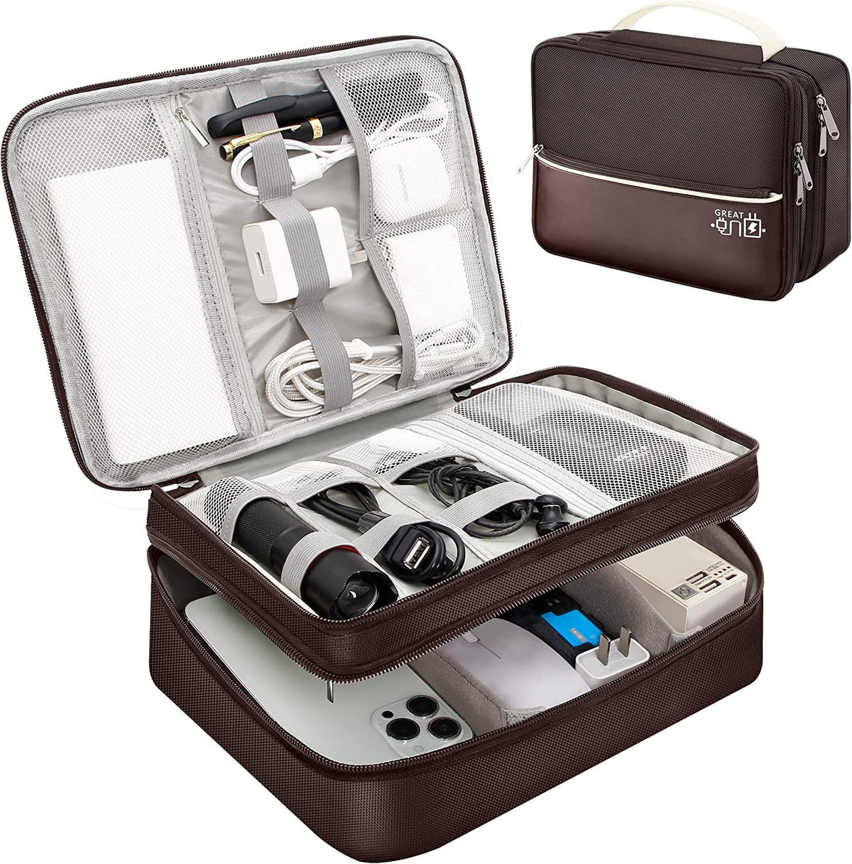 Electronic Organizer Bag, Three Layer Electronic Accessories Bag Organizer, Cable Organizer Bag, Gadgets Organizer Travel Case for Cables Earphone Flash Drive Phone Tablet Charger Mouse etc. (Brown)