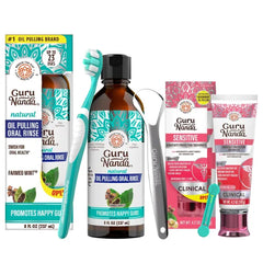 GuruNanda Sensitive Care & Fresh Breath Bundle – Sensitive Toothpaste (Potassium Nitrate + Nano-Hydroxyapatite) & CocoMint Oil Pulling Mouthwash with Toothbrush & Tongue Scraper