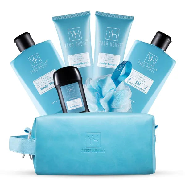Yard House Glacier Absolute Bath and Body Gift Set for Men's,  Skin Care Kits For Men in Leather Toiletry Bag Premium Gift for Him