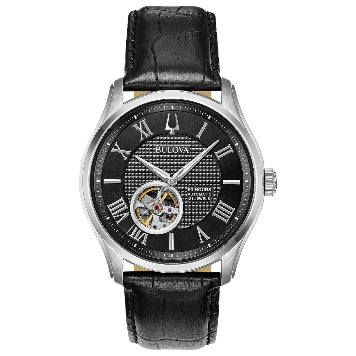 Bulova Men's Classic Wilton 26-Jewel Automatic Leather Strap Watch, 40 Hour Power Reserve, Domed Sapphire Crystal, Exhibition Case Back, Luminous Hands, 43mm - Black Strap