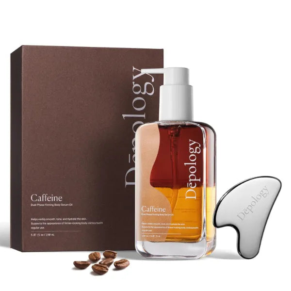 Depology Caffeine Body Firming Serum Oil – Non-greasy Hydrating Body Glow Dual-Phase Oil for Dry, Aging Skin with Gua Sha Tool – Skin Tightening Oils with Squalane, Camellia & Caffeine – 5.07 fl oz