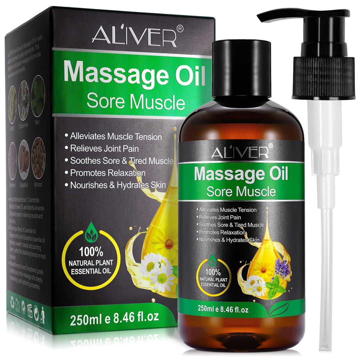 ALIVER Sore Muscle Massage Oil, Natural Therapy Oil with Arnica and Chamomile Relaxing Eases Muscle Soreness Stiffness, Moisturizes Skin Essential Oil - 250ml
