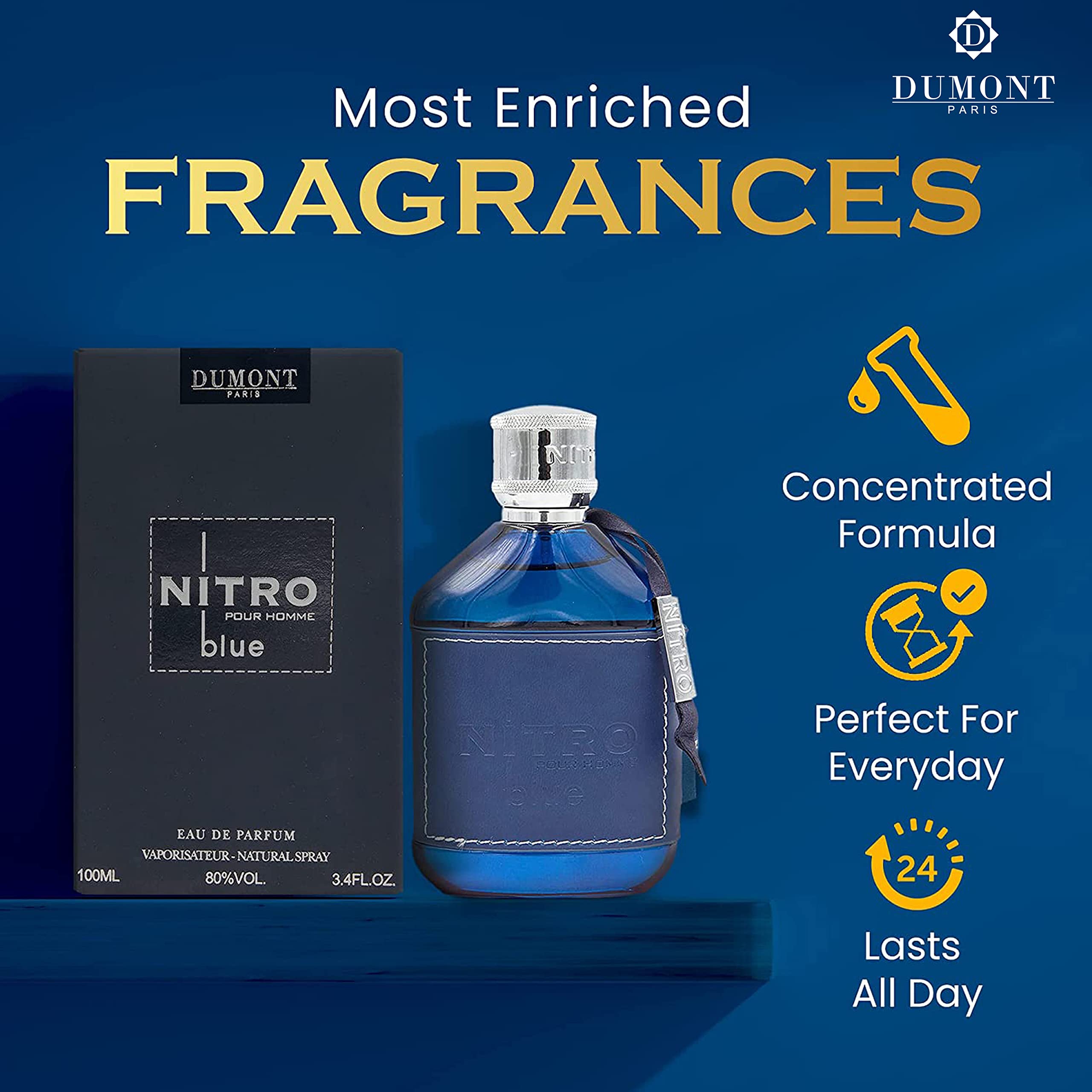 Dumont NITRO BLUE - 3.4oz - Eau De Parfum - Men’s Perfume with Fruity, Floral, Woody & Masculine Fragrance - Long Lasting Cologne Mist & Body Spray - for Him