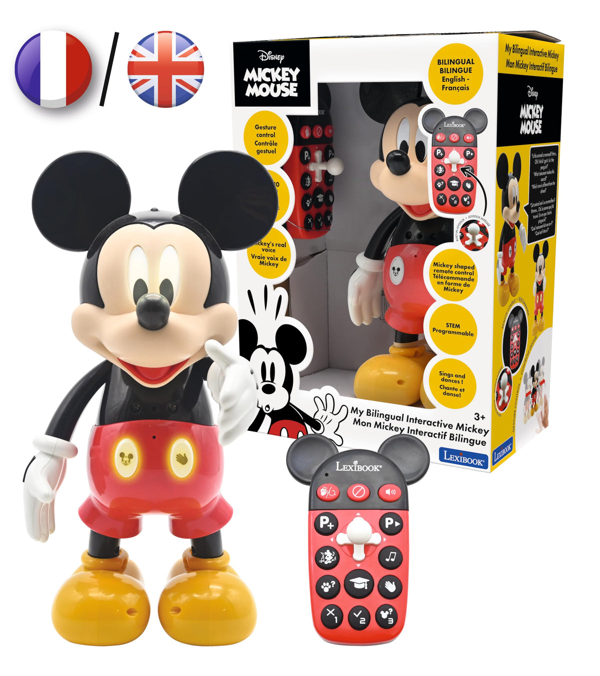 Lexibook - Disney - Bilingual Mickey Robot - English/French, 100 educational quizzes, light effects, dance, programmable, articulated, Black/red