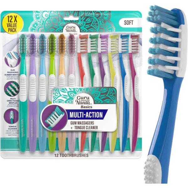GuruNanda Multi-Action Directional Bristle Toothbrush with Tongue Cleaner, Ergonomic Handle, Soft Bristles, 12 Count