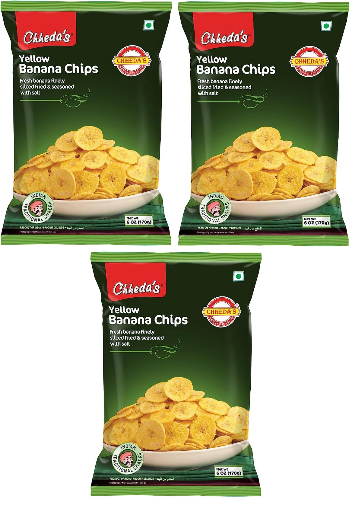 Chheda's Yellow Banana Chips Trio Pack (170g x 3) | Authentic Namkeen Snack | Crispy Plantain Chips, Banana Wafers | 100% Vegetarian | Gluten-Free & Vegan