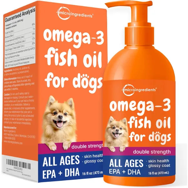 Micro Ingredients Omega-3 Fish Oil for Dogs & Cats, 16 fl oz | Supports Healthy Skin & Shiny Coats* | Liquid EPA & DHA Formula | Wild-Caught Fish Source | Easy-Pump Dispenser | Non-GMO & Pet Friendly
