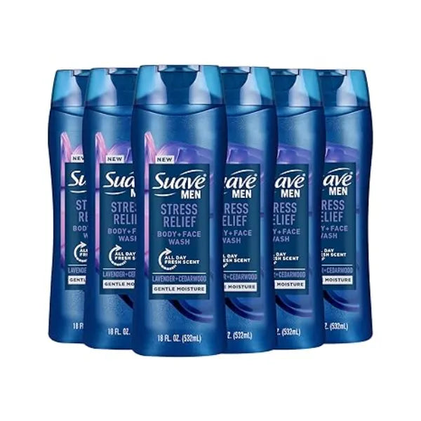 Suave Men’s Stress Relief Body + Face Wash, Gentle Moisture with Lavender & Cedarwood All Day Fresh Scent, 6 Pack