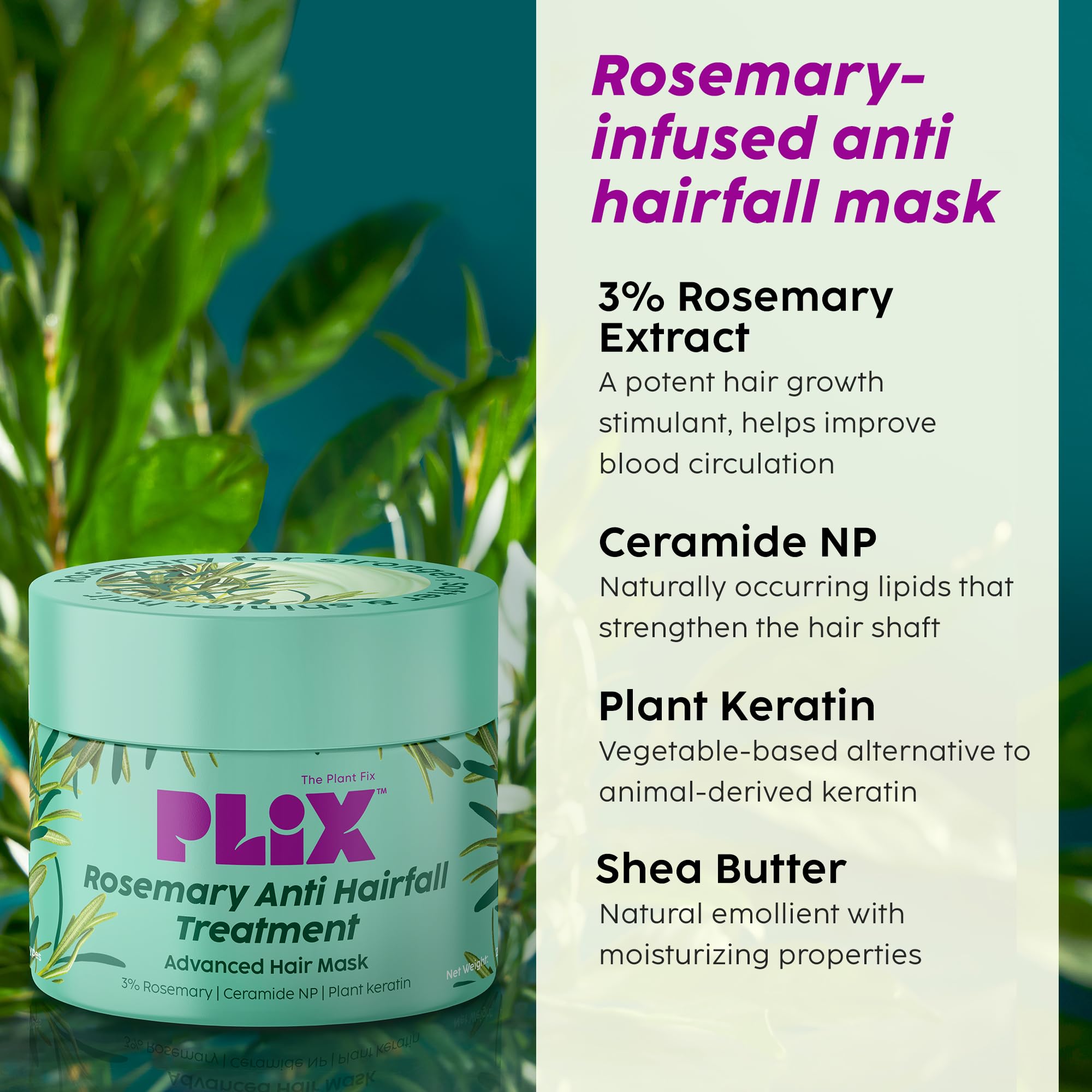 PLIX - THE PLANT FIX Rosemary Anti-Hair Fall Treatment Advanced Hair Mask With 3% Rosemary Extract, Ceramides & Plant Keratin | Hair Mask for Hair Fall Control | For Women & Men| 200g